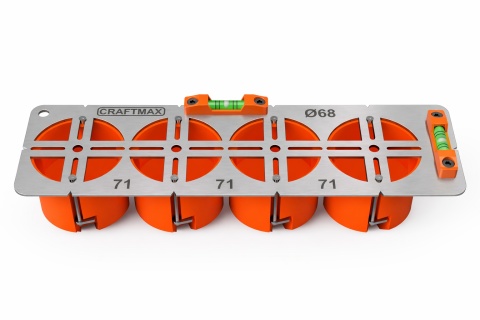 Szablon wzornik do puszek elektrycznych Ø68 rozstaw 71mm poziomica 4P INOX