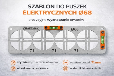 Szablon wzornik do puszek elektrycznych Ø68 rozstaw 71mm poziomica 4P INOX
