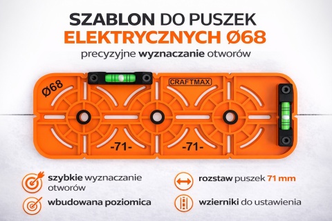 Szablon wzornik do puszek elektrycznych Ø68 rozstaw 71mm poziomica 3P