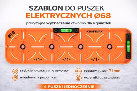 Szablon wzornik do puszek elektrycznych Ø68 rozstaw 71mm poziomica 4P