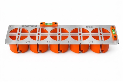 Szablon wzornik do puszek elektrycznych Ø68 rozstaw 71mm poziomica 5P INOX
