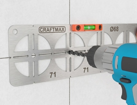 Szablon wzornik do puszek elektrycznych Ø68 rozstaw 71mm poziomica 5P INOX