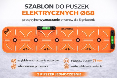 Szablon wzornik do puszek elektrycznych Ø68 rozstaw 71mm poziomica 5P
