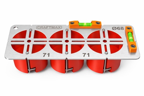 Szablon wzornik do puszek elektrycznych Ø68 rozstaw 71mm poziomica 3P INOX