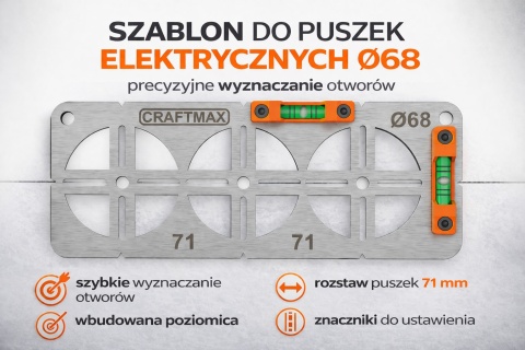 Szablon wzornik do puszek elektrycznych Ø68 rozstaw 71mm poziomica 3P INOX