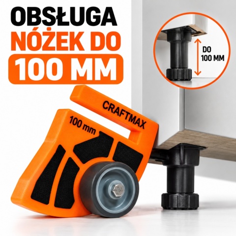 Przyrząd z rolkami do stawiania szaf meblowych, płyta 18 mm, nóżki 100 mm